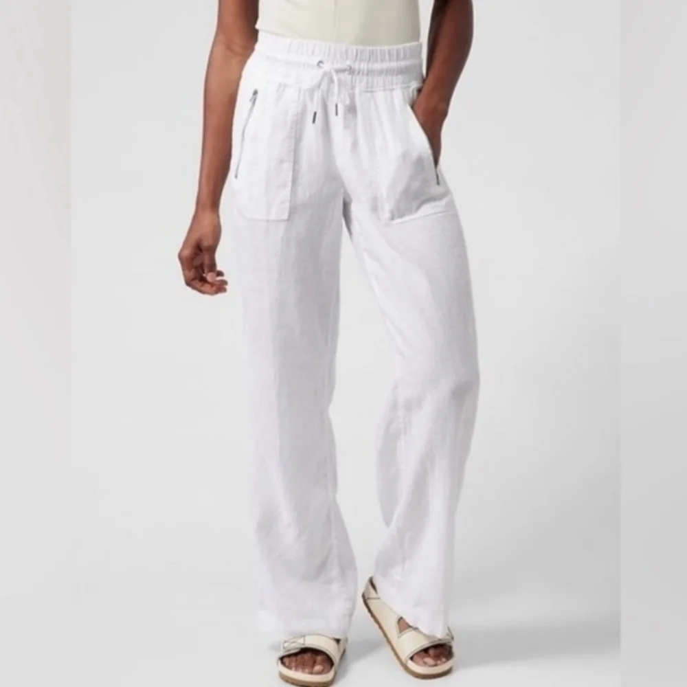 Athleta Cabo 100% Linen Wide Leg Pants Elastic waist Zip pockets, White, size 0 - Picture 1 of 15